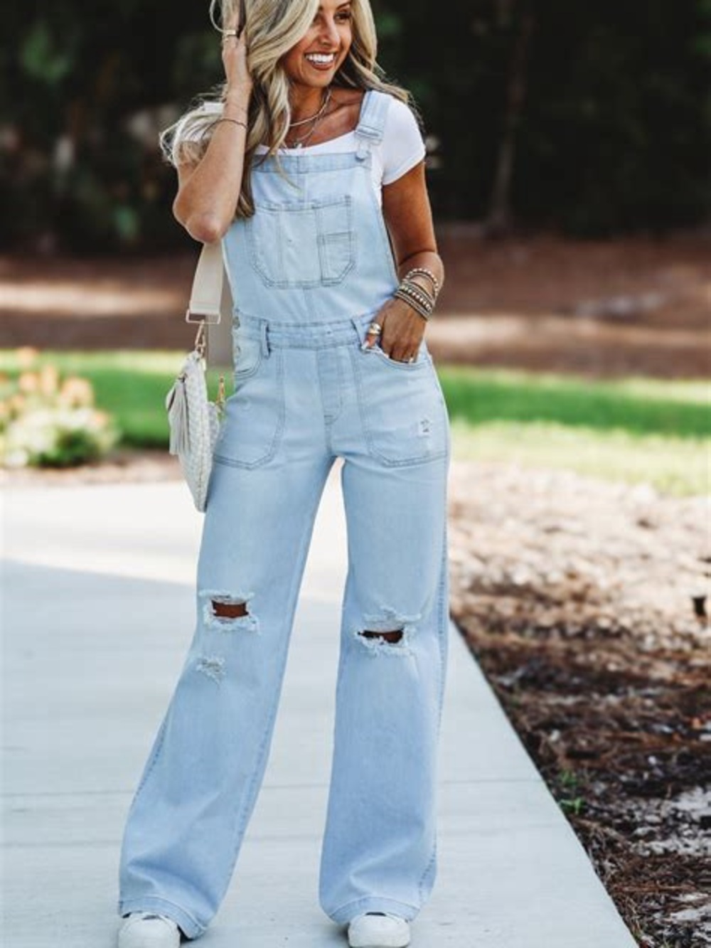 Risen Trisha Women’s Light Blue Ripped Denim Overalls wide leg stretch